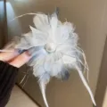 French feather hair claw clip large size with pearl elegant floral design fashion hair accessory - A13 Blue Gray