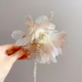 French large feather hair claw clip with elegant pearl chain dangling design for women. - N200 Coffee