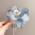 French fabric flower hair claw clip with elegant pearl tassel chains for women daily styling. - N199 Ink