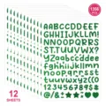 Vue détaillée des autocollants alphabet à paillettes vertes, chiffres et symboles pour loisirs. - 12 Feuilles Vert Paillettes