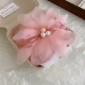 Pink chiffon flower hair claw clip with pearl center, elegant cute hair accessory for women. - E50 Pink Flower