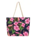 Tropical floral canvas tote bag for women, stylish large capacity casual shoulder bag. - Navy Blue
