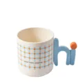 Cute creative contrast color mouthwash mug with unique hi shape handle and grid pattern. - 450ml / Blue