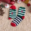 Weihnachts Kuschelsocken Damen dicke Korallenfleece Wintersocken mit süßen Streifen. - 1 Paar (Socken ohne Verpackung) / Rot-grün-schwarz-weißer Kontrast-Weihnachtsball