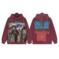 Detailed view of the washed vintage streetwear hoodie featuring graphic skeleton and letter print. - S / G6607 Washed Burgundy