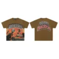 Brown graphic t-shirt streetwear style with rhinestone letter print front and back details. - 26