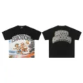 Unisex black short sleeve t-shirt with rhinestone graphic and vintage beach angel print. - 22