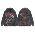 Washed black vintage streetwear hoodie featuring cool astronaut skull graphic and gothic text print. - S / Tops / G6856 Washed Black