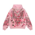 Pink zip-up hoodie streetwear washed jacket with graphic print and comfortable fit for daily wear. - Pink