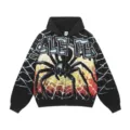 Black zip-up hoodie with spider web graphic and streetwear aesthetic for men and women - S / Tops / Washed Black
