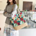 Sac cabas en toile à fleurs avec fond en cuir beige, grand sac bandoulière décontracté pour femme. - Style 1