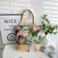 Sac cabas fourre-tout décontracté en lin à fleurs pour femme, grand sac bandoulière imprimé. - Style 3