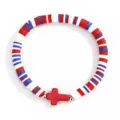 Colorful heishi clay bead detail view showcasing the red cross pendant and elastic cord design. - Red