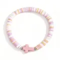 Close-up detail of bohemian polymer clay bead bracelet with pink cross charm and colorful discs. - Light Pink