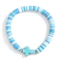 Bohemian blue white polymer clay heishi bead bracelet with cross pendant jewelry gift - Light Blue
