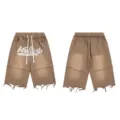 Washed brown streetwear denim shorts featuring colorful rhinestone studs and frayed hems. - S / Dark Khaki