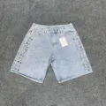 Trendige Strass-Jeansshorts mit bunten Blumen-Nieten, stilvolle lässige Sommer-Straight-Hose. - S / Blau