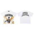 Detailed view of the white rhinestone letter graphic short sleeve streetwear t-shirt. - 17