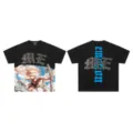 Black short sleeve t-shirt with rhinestone gothic letters and vintage angel graphic print. - 14