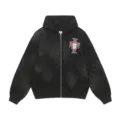 Black rhinestone zip hoodie, streetwear style with crest patch, comfortable cotton blend. - Washed Black