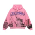 Pink zip-up hoodie with street style city and liberty graphic print for men and women. - Pink
