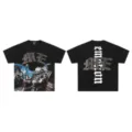 Detailed view of black short sleeve streetwear t-shirt with rhinestone graphic print details. - 12