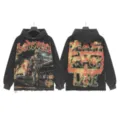 Vintage washed streetwear graphic hoodie, comfortable long sleeve distressed casual top. - S / G6851 Washed Black