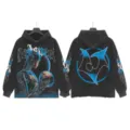 Detailed view of black washed vintage streetwear hoodie with robot graphic and back logo. - S / G6850 Washed Black