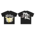 Black short-sleeve t-shirt detail with rhinestone angel graphic and gothic letters streetwear style. - 8