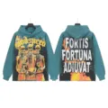 Vintage washed streetwear hoodie with graphic skeleton print and front back letter typography - S / G6807 Washed Blue