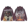 Heavyweight washed purple hoodie with gothic skull graphics and distressed streetwear style. - S / G6803 Washed Purple