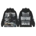 Vintage washed black hoodie with racing skull graphic and rhinestone letters for streetwear. - S / G6805 Washed Black