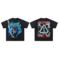Vintage washed short sleeve t-shirt with cool wolf graphic and street style design for men. - Black F17