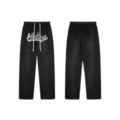 Pantaloni tuta streetwear neri con ricamo di lettere in strass e dettagli laterali. - Taglia S / Nero Lavato