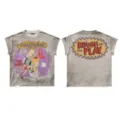 Camiseta gráfica desgastada de manga corta con letras de pedrería estilo urbano. - S / Gris