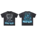 Vintage wash short sleeve t-shirt detail showing back skull graphic and front flame print. - Dark Gray F02