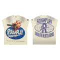 Camiseta streetwear vintage desgastada con gráficos, diamantes de imitación y letras. - S / Beige
