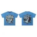 Vintage washed blue short sleeve t-shirt with rhinestones and streetwear graphic print. - S / Blue F16