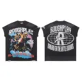 Camiseta gráfica de manga corta lavada vintage, ropa de estilo urbano de alta costura para todos. - S / Negro