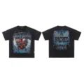Vintage washed short sleeve t-shirt with rhinestone graphic front and back streetwear style. - Black F05