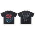 Vintage washed black short sleeve t-shirt front and back print detail display view. - Black F03
