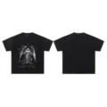 Black washed short-sleeve T-shirt with rhinestone angel graphic and vintage streetwear style. - S / Black F08