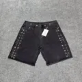 Trendige Va&le schwarze Jeans-Shorts mit bunten Strasssteinen, gerade Five-Pocket-Hose. - S / Schwarz