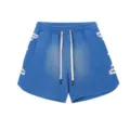 Pantaloncini streetwear lavati blu con ricamo laterale e vita elastica con coulisse. - Blu Lavato