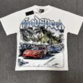 Detail view of white streetwear graphic t-shirt featuring rhinestones and car print. - S / Tops / White (G856)