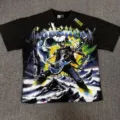 Vintage wash black t-shirt detail showing rock skeleton guitar graphic and chest print. - S / Tops / Washed Black (G857)
