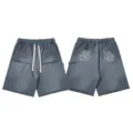 Washed distressed casual shorts with elastic waist, drawstring, and gothic back pocket embroidery. - S / Gray