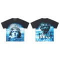 Washed black short sleeve t-shirt with blue classical statue graphic and letter print. - S / Top(F523) / Washed Black