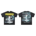 Vintage washed short sleeve t-shirt with retro UFO graphic print for men and women streetwear. - Style 8