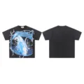 Distressed washed black streetwear t-shirt with front astronaut graphic and fearless text. - Style 13
